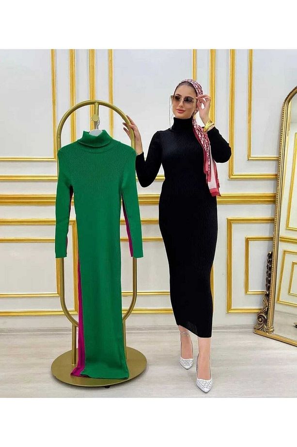 Kadın Kaşkorse Kumaş Balıkçı Yaka Kalem Model Elbise Tesettür Uygundur Boy 135cm Kemersiz - 1