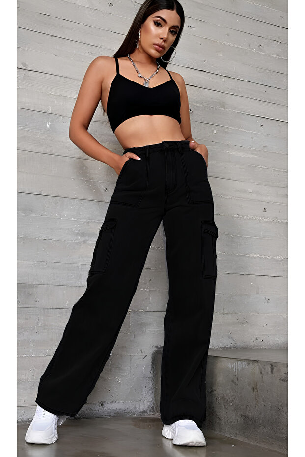 Black Cargo Pocket High Waist Wide Leg Jeans Jeans