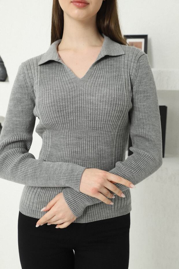 Women's Gray Polo V-Neck Knitwear Sweater