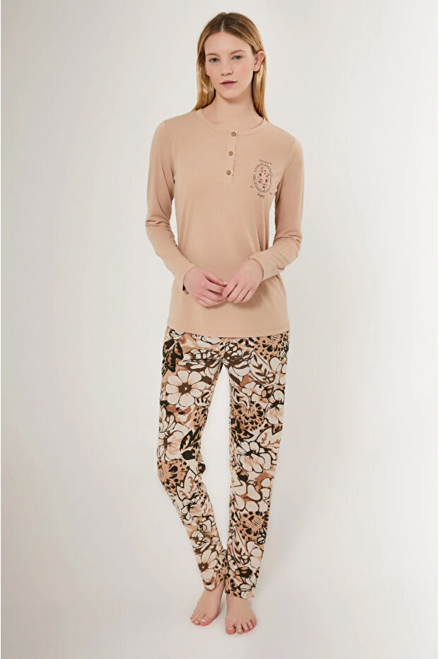Nap Time Is Happy Women's High Quality Viscose 3 Button Long Sleeve Biscuit Pajamas Set