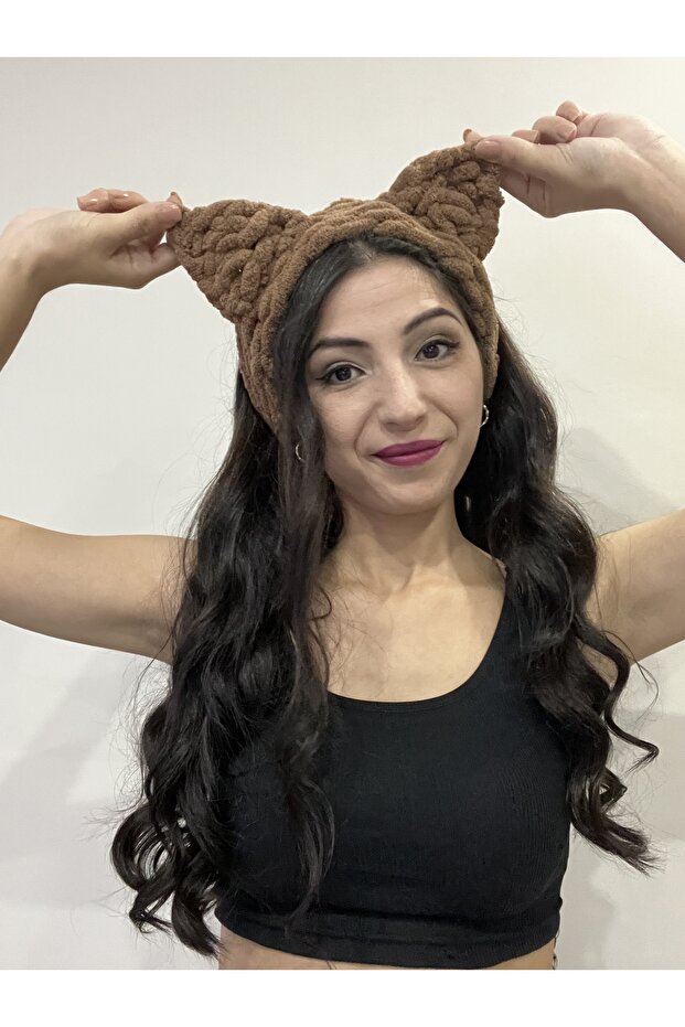 Puffy Knitted Winter Beanie Bandana with Cat and Bear Ears