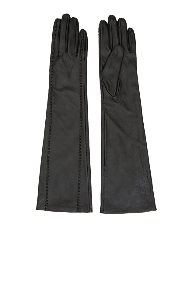Siyah Dikiş Detaylı Kadın Deri Eldiven - 1