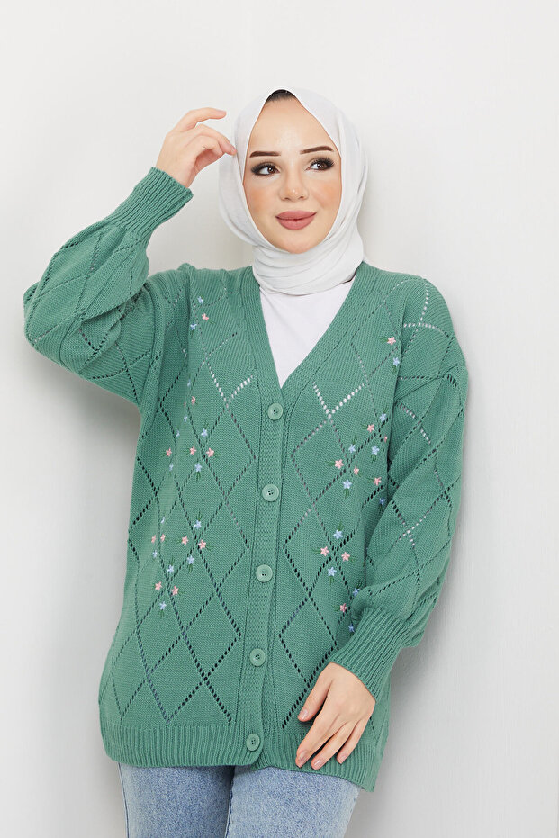 Women's Star Patterned Buttoned Knitwear Cardigan Mint Green