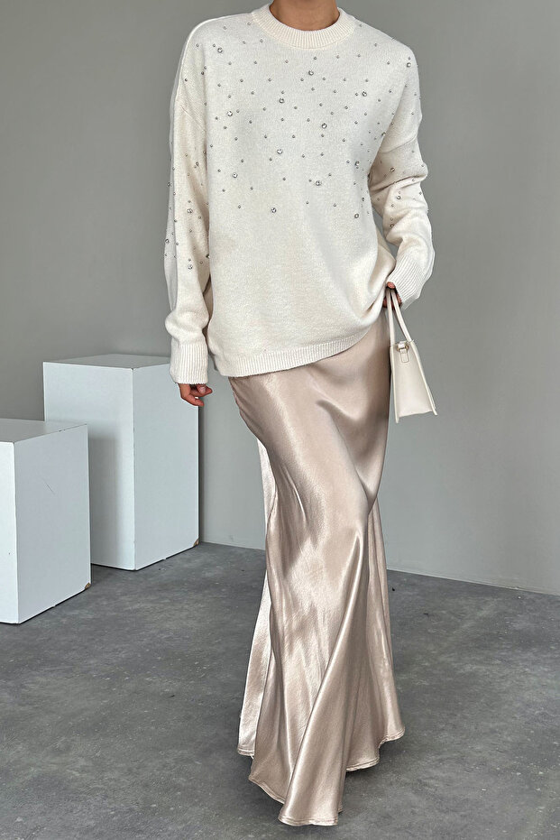 Women's Cream Crew Neck Stone Oversize Sweater