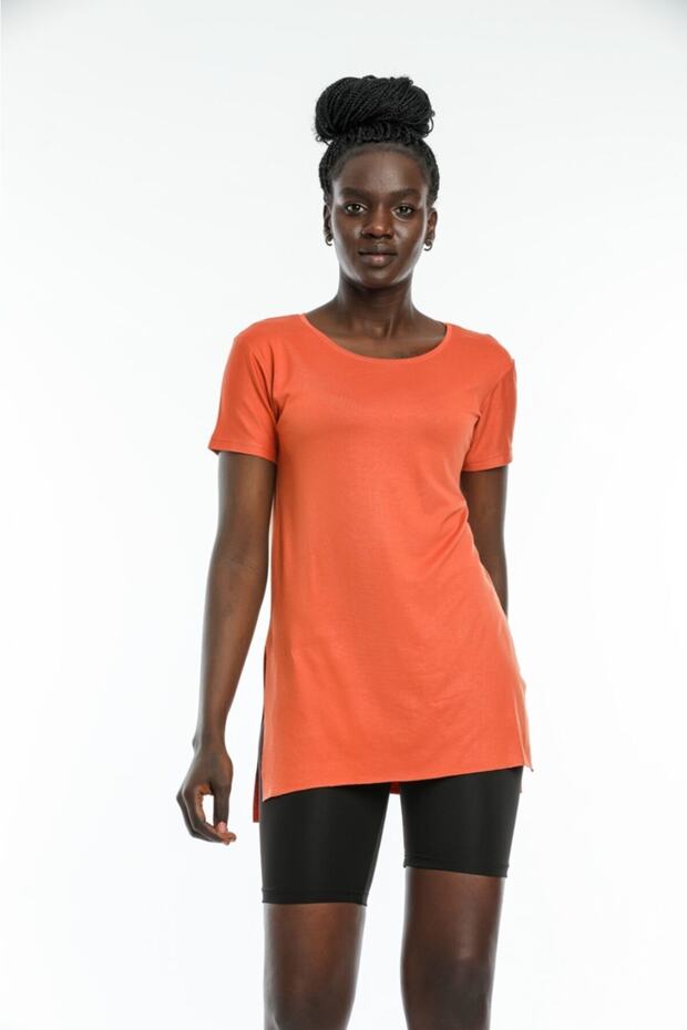 Women's Light Terracotta Color Viscose Fabric Crew Neck Slit T-shirt