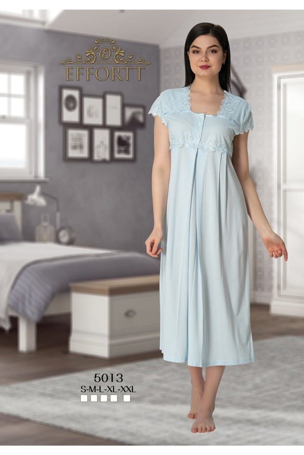 Effortt 5013 Maternity Nightgown Set with Lace Detail on Blue Collar