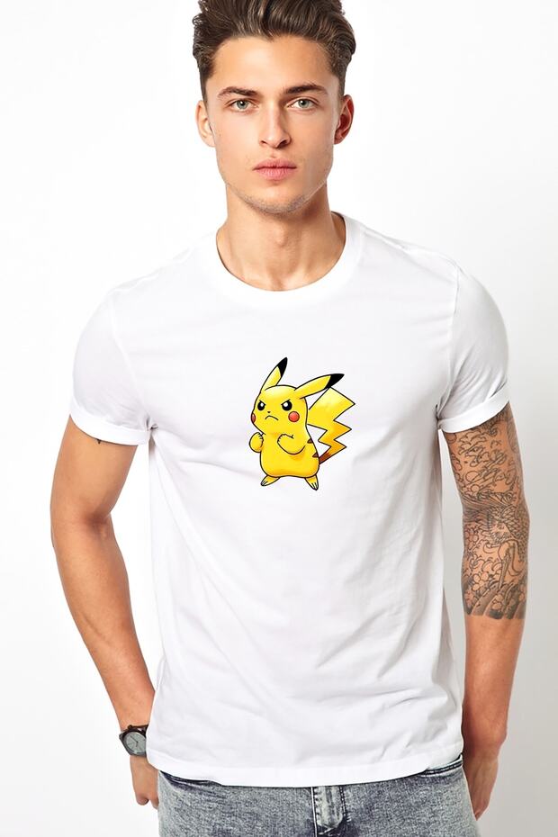 Angry Pikachu Pokemon Printed White Men's Knitted Tshirt T-shirt T-Shirt T Shirt