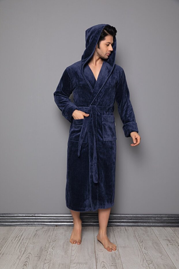 Smoked Piping Long Hooded Bamboo Cotton Men's Bathrobe