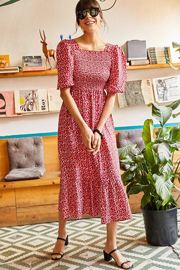 Women's Red Elastic Casual Woven Viscose Dress ELB-19001483