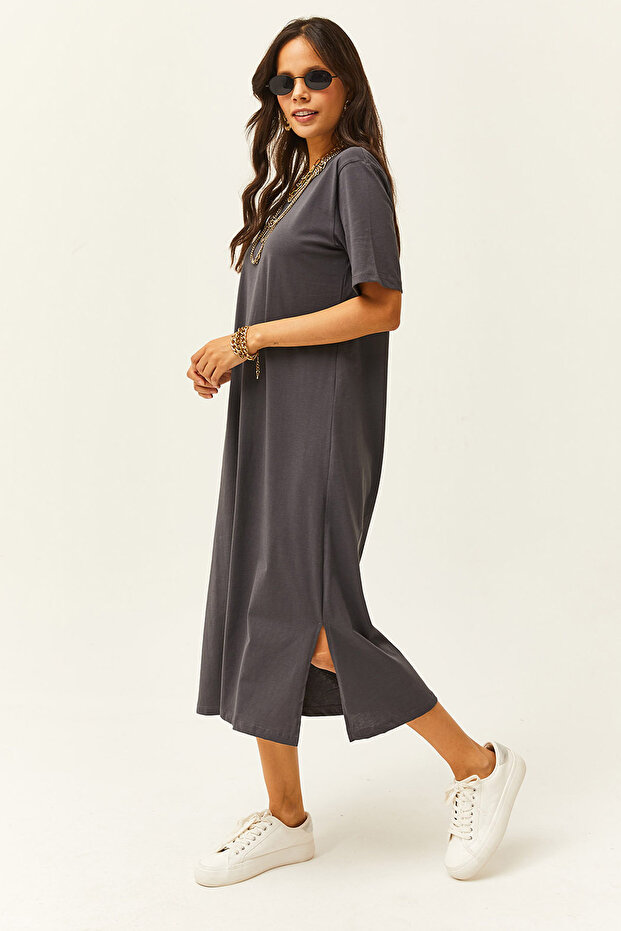 Women's Smoked Side Slit Oversize Cotton Dress ELB-19001880