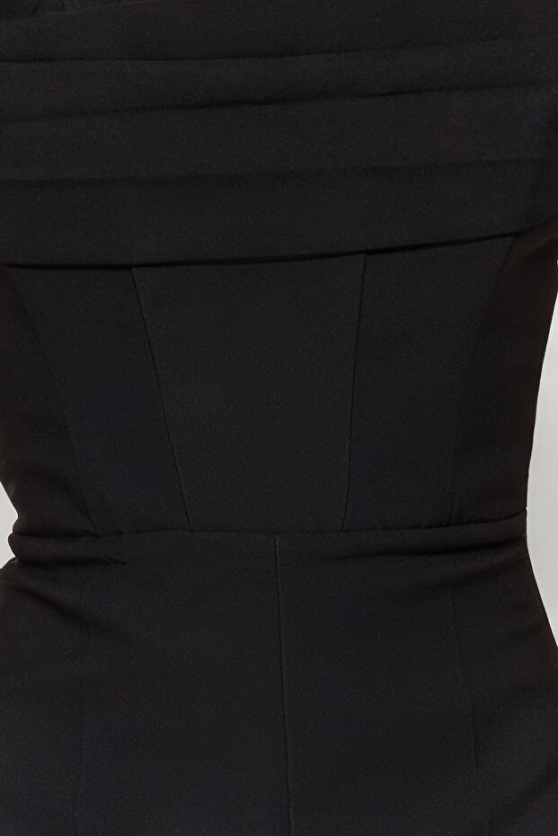 Siyah Korse Detaylı Dokuma Tulum TPRSS24TU00002 - 5