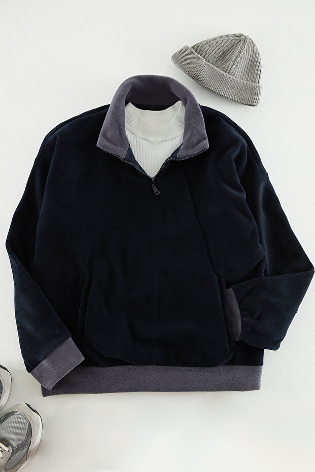 Lacivert Oversize/Geniş Kesim Dik Yaka Renk Blok Anti-pilling Polar Polar Sweatshirt TMNAW24SW00036 - 3