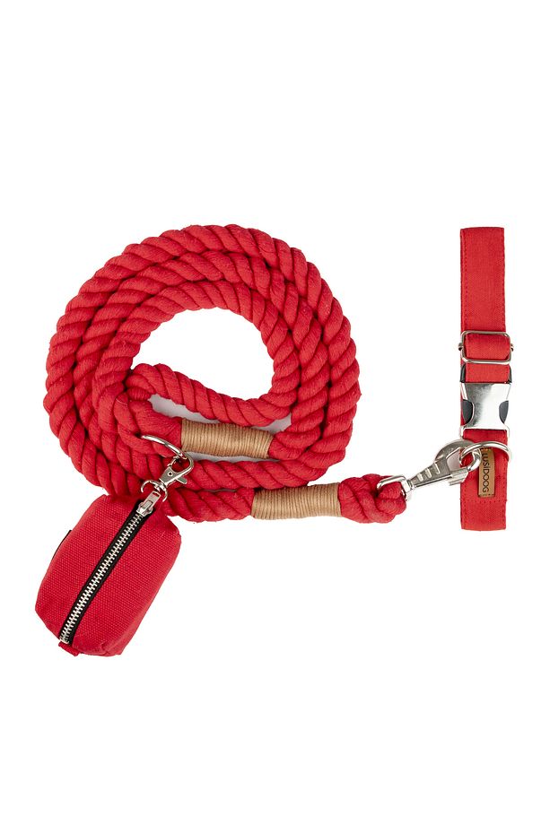 Köpek Boyun Tasması Gezdirme Halatı Ve Kaka Poşeti Çantası Seti (KIRMIZI) - 1