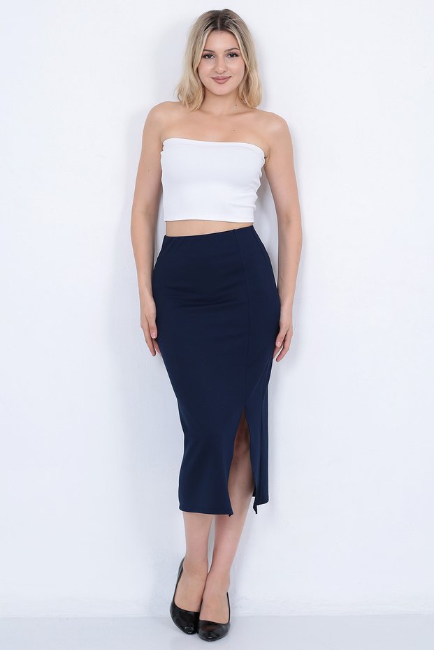Women's Navy Blue Slit Detailed Corded Long Tight Pencil Skirt
