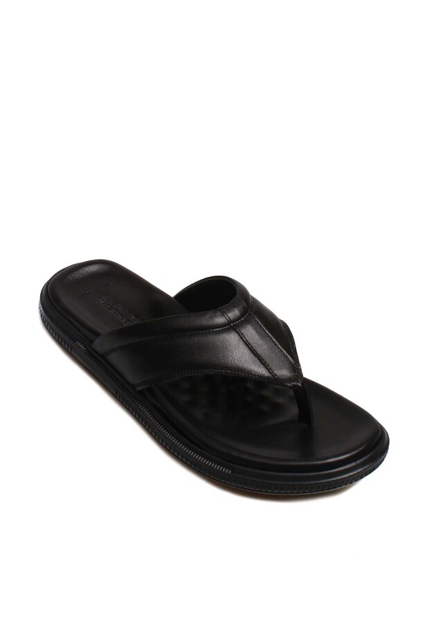 Tugerdi Genuine Leather Black Flip Flops Light Sole Men's Slippers TG090181622 316