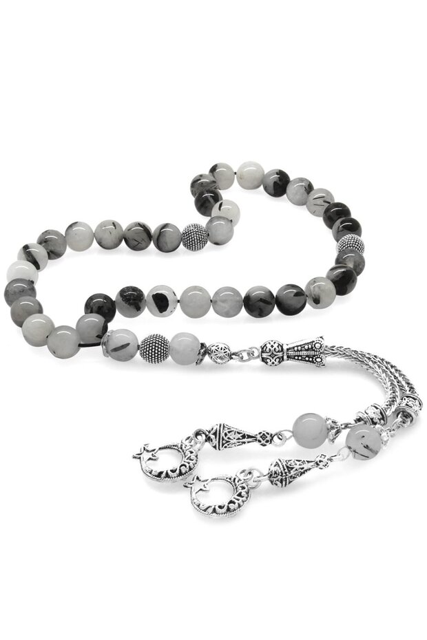 Non-Tarnish Metal Crescent Star Tasseled Globe Cut Rutile Quartz Natural Stone Rosary