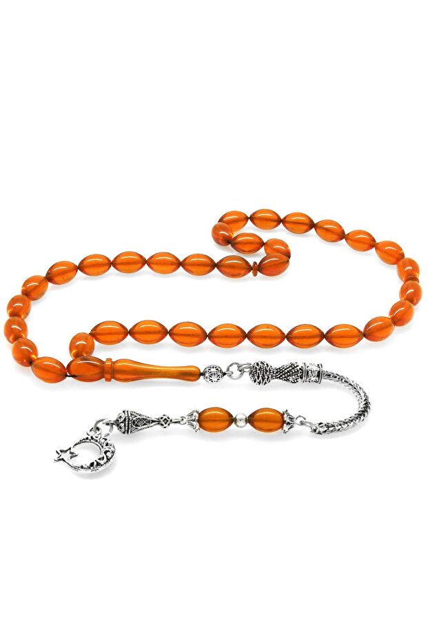 Non-Tarnishing Metal Tasseled Barley Cut Red Fire Amber Prayer Beads