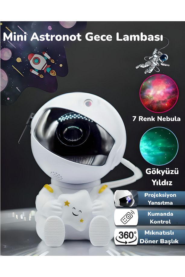 Mini Boy Astronot Projektör Gece Masa Lambası Galaxy Gökyüzü Nebula Projeksiyon Kumandalı Aydınlatma - 4