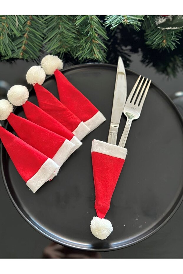 New Year's Set with 6 Red Christmas Hats and Figures for New Year's Table Prep Decorative Spoon Holder