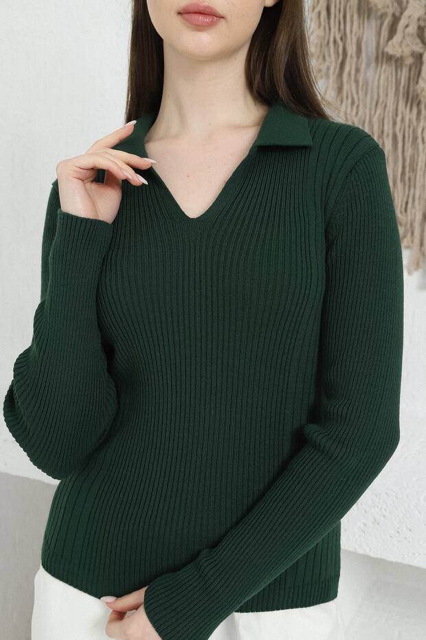 Women's Emerald Polo V-Neck Knitwear Sweater