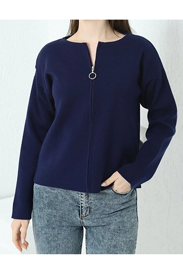 Women's Navy Blue Steel Knit Zippered Knitwear Cardigan