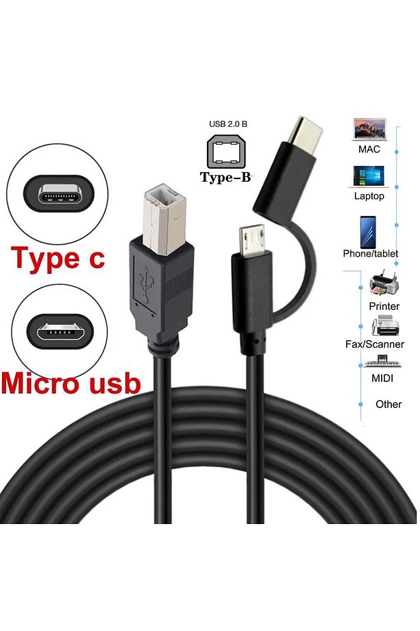 5133 Type C + Micro Usb Yazıcı Printer Piyano Midi Bağlantı Kablosu - 4