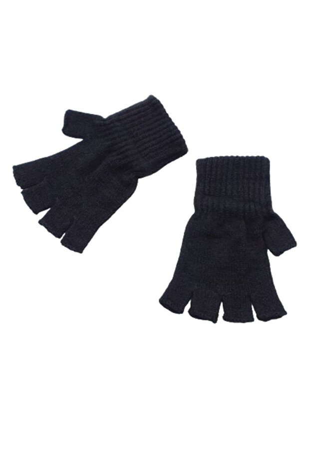 Winter Black Fingerless Cut-Out Half-Finger Soft Textured Knitted Gloves