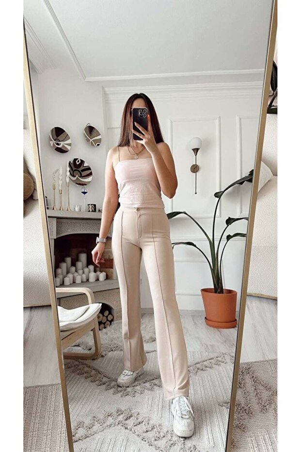 Lycra High Waist Wide Leg Front Stitched Palazzo Trousers