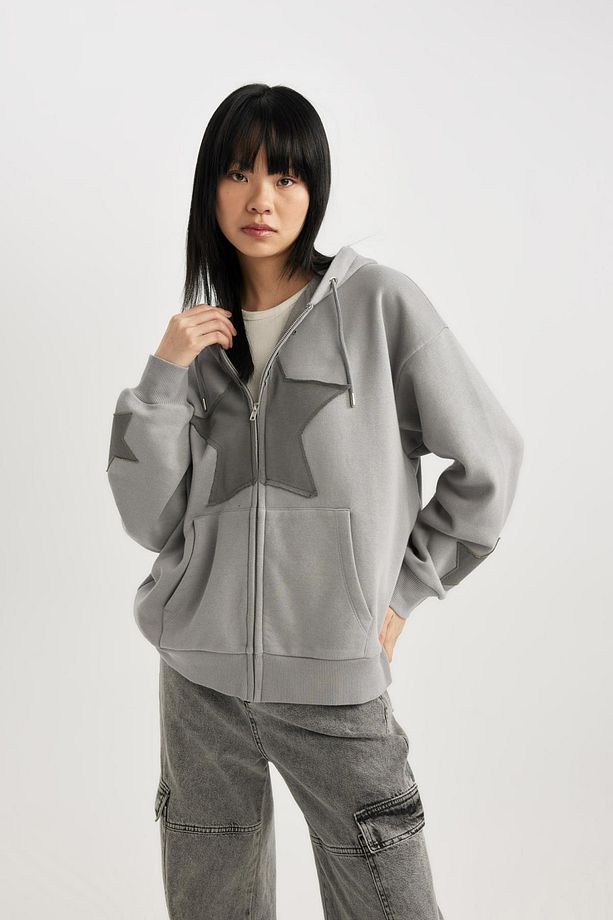 Coool Oversize Fit Kapüşonlu Baskılı Kalın Kumaş Hırka - 3