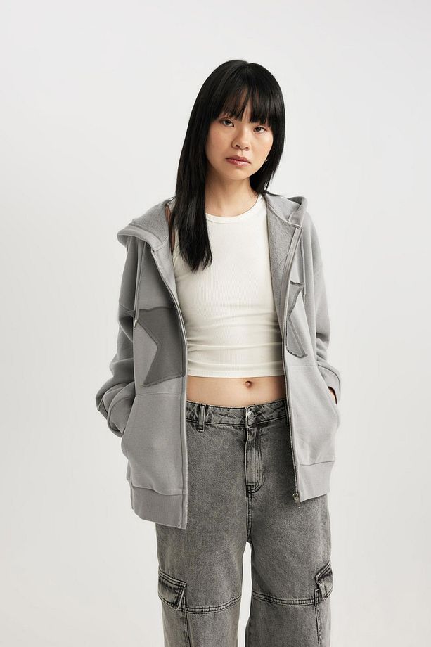 Coool Oversize Fit Kapüşonlu Baskılı Kalın Kumaş Hırka - 4