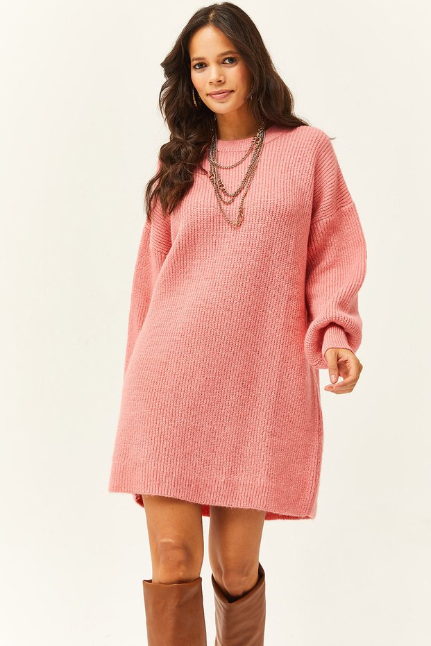 Women's Pink Crew Neck Balloon Sleeve Soft Textured Knitwear Tunic Dress ELB-19001802