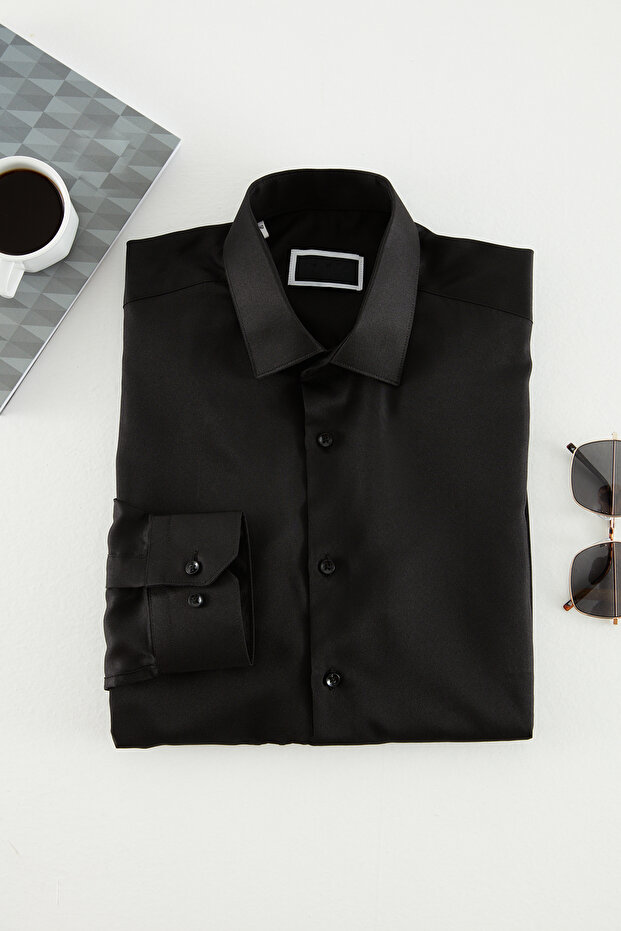 Siyah Slim Fit Kolay Ütülenebilir Smart Erkek Gömlek TMNAW24GO00096 - 3