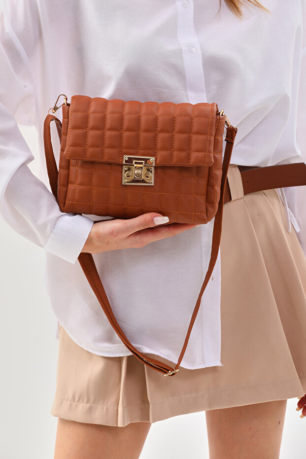 Women's Tan Quilted Patterned Adjustable Strap Shoulder Bag