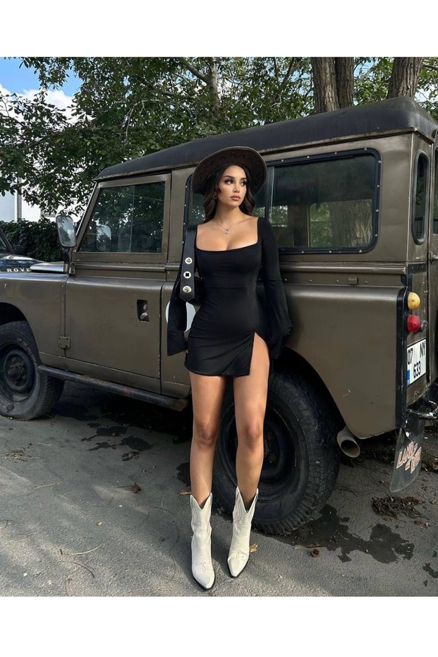 Women's Flounce Sleeve Deep Slit Detailed Mini Dress