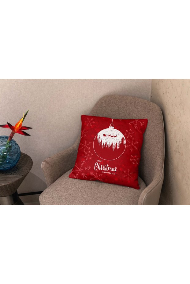 Menesa Home New Year Themed Merry Christmas Written Red Color Digital Printed Throw Pillow Cover