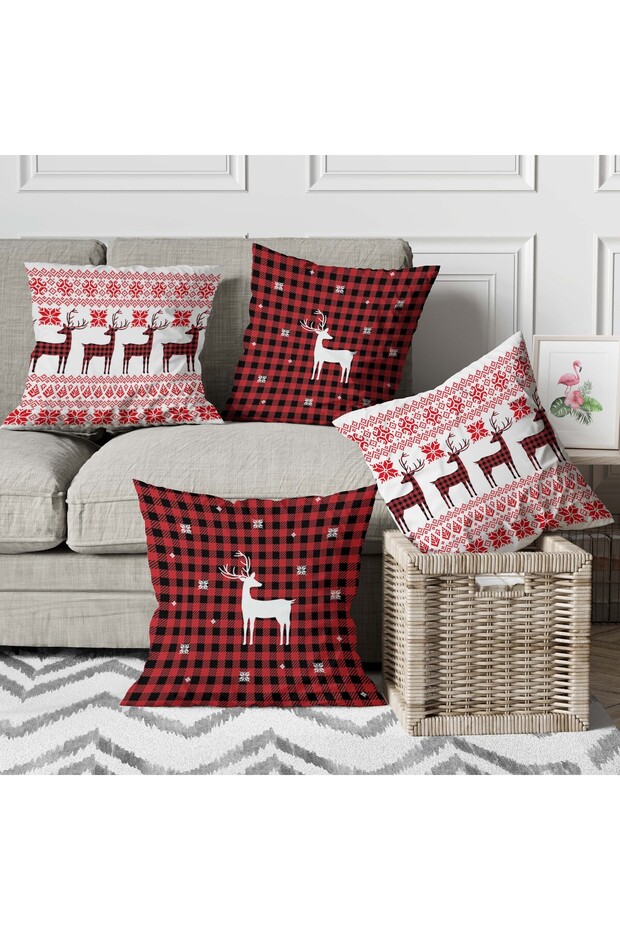 Menesa Home New Year's Themed Red Colored Deer Pattern Digital Printed 4-Piece Throw Pillow Cover