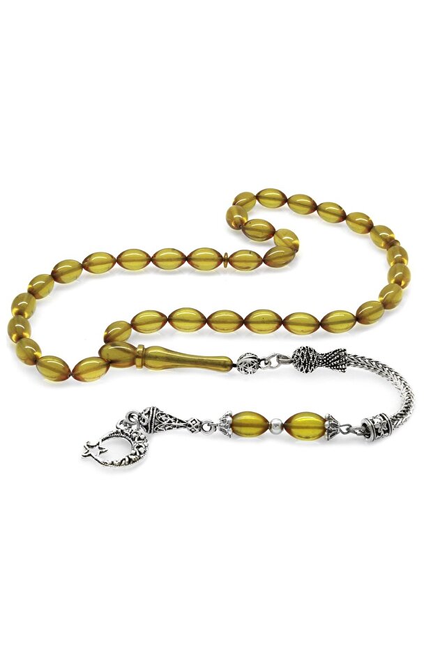 Non-Tarnish Metal Tasseled Barley Cut Yellow Fire Amber Prayer Beads