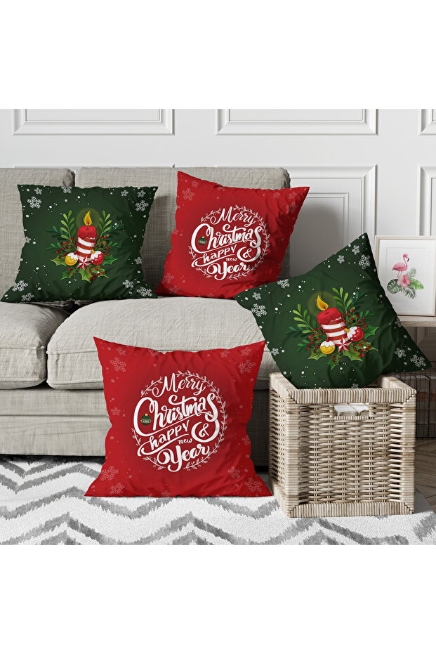 Menesa Home New Year's Themed Green Color Red Candle Patterned Digital Printed 4-Piece Throw Pillow Cover