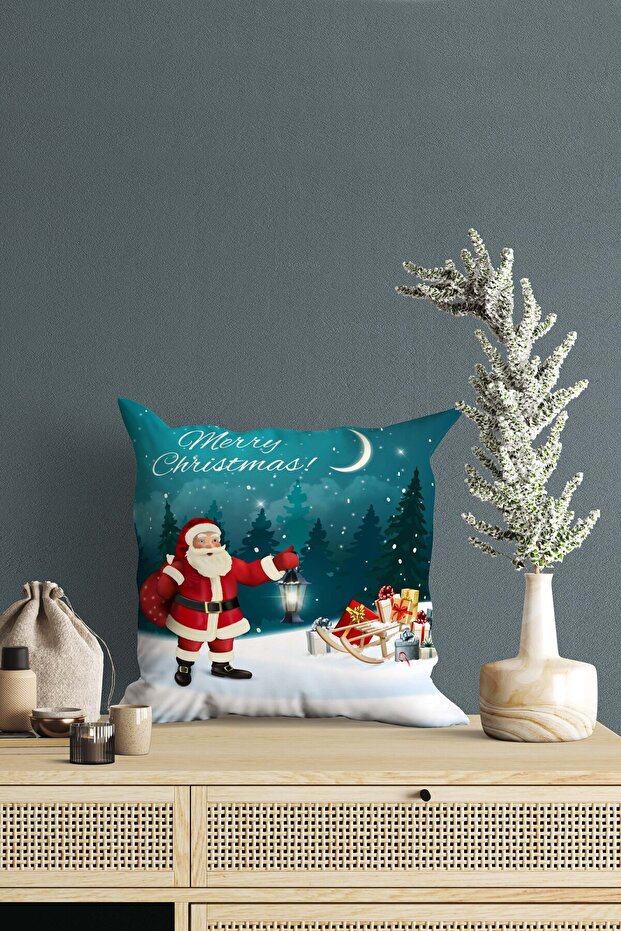 Christmas Themed Santa Claus Patterned Merry Christmas Written Snowflake Digital Printed Throw Pillow Cover