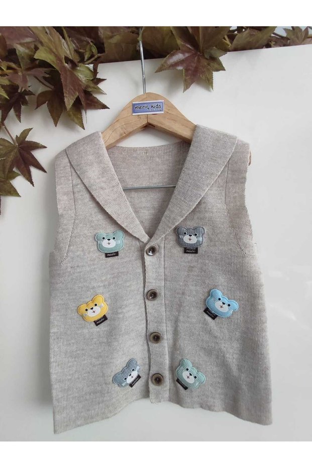 Baby And Child Embossed Cat Accessory Buttoned Seasonal Beige Knitwear Vest
