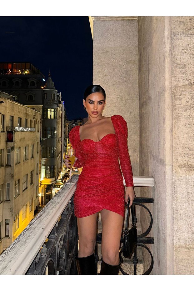 Women's Watermelon Sleeves and Chest Gloves Glittery Mini Dress