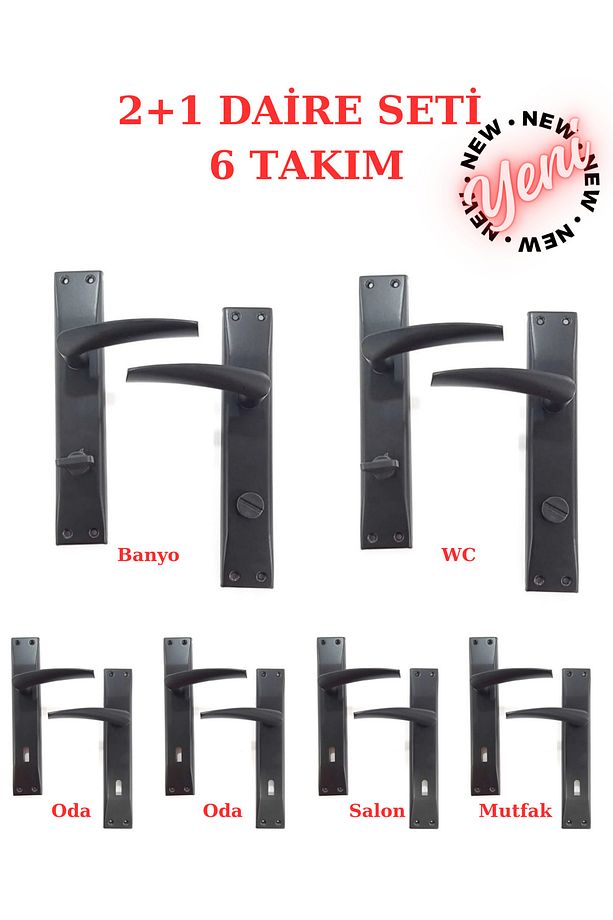 (6 TAKIM) YENİ BRAWO MAT SİYAH AYNALI KAPI KOLU (2+1) DİRE SETİ (4 ODA - 2 WC) - 1