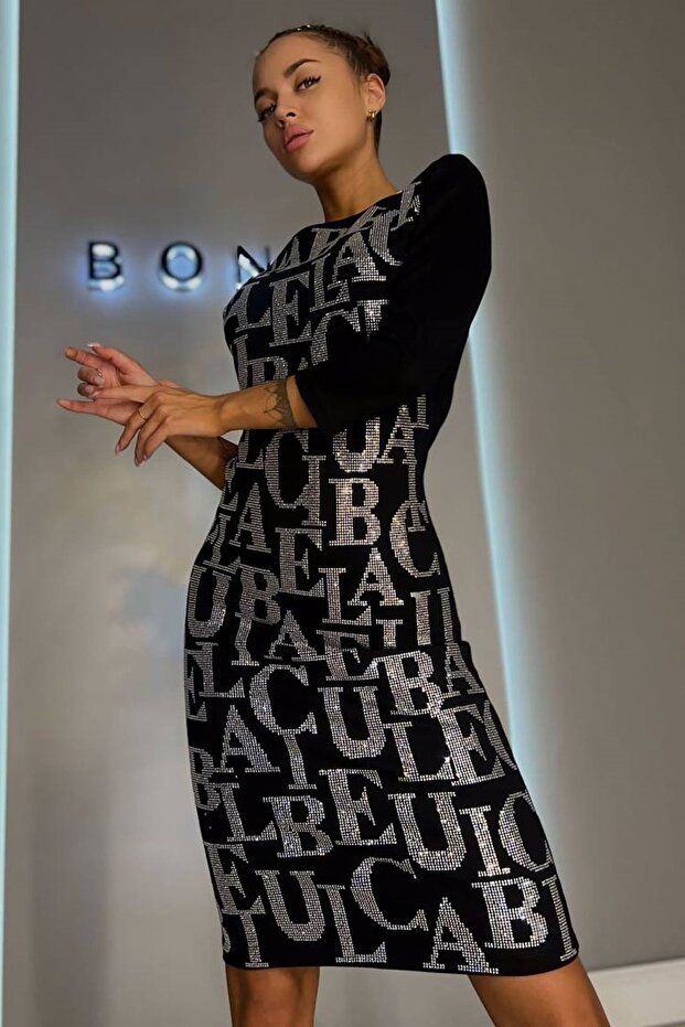 Flexible Diving Fabric Shiny Stone Letter Printed Long Sleeve Black Evening Dress 5093