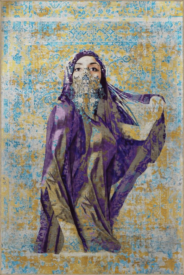 Blue Yellow Themed Ethnic Woman Portrait Patterned Creative Modern Decorative Carpet 2519