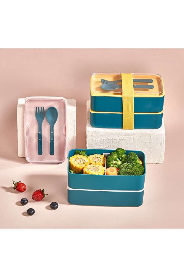 2-Tier Storage Container with Adjustable Compartments and Fork and Spoon (Yellow Lid) - 3