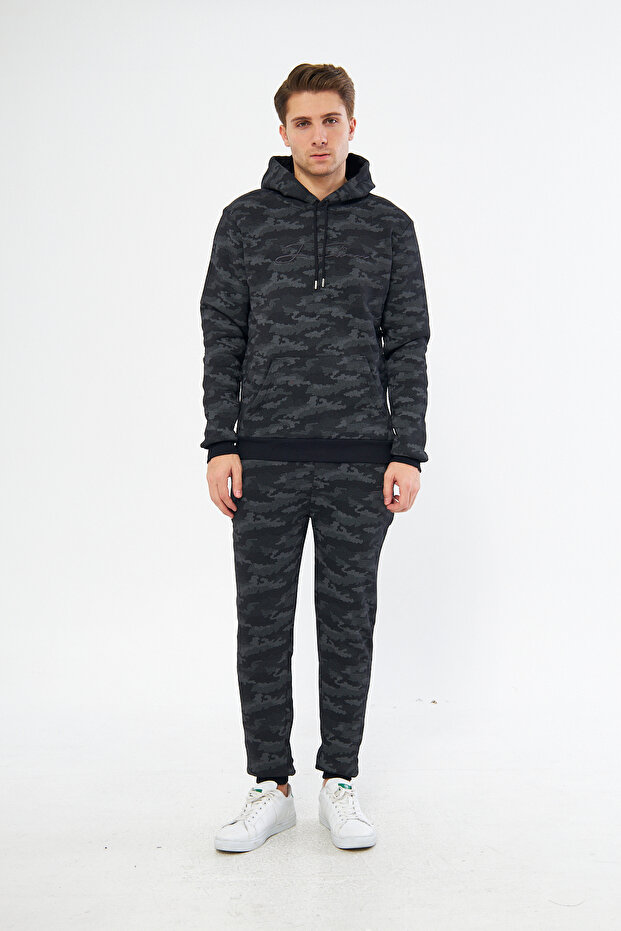 Unisex Regular JF Embroidery Camouflage Pattern Hooded Tracksuit Set