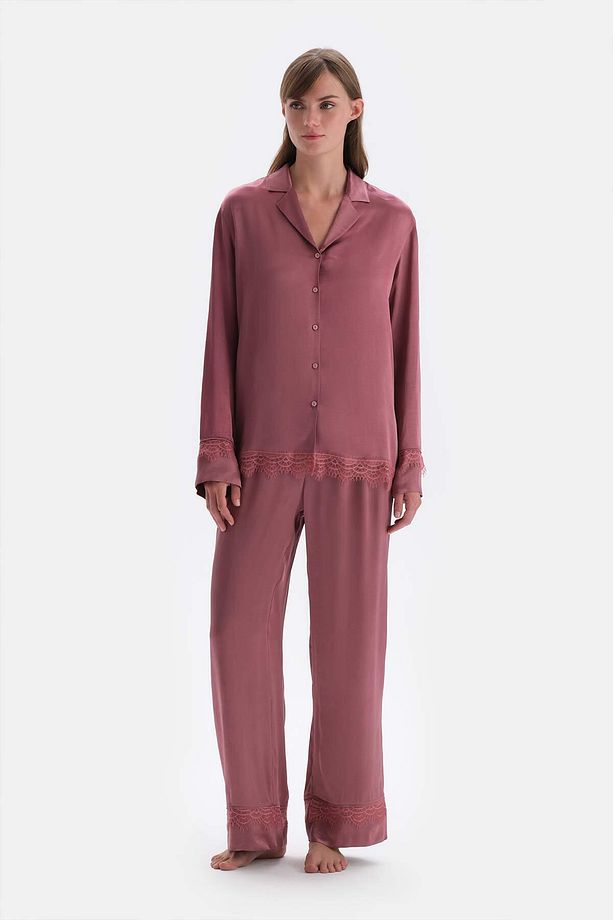 Gül Kurusu Dantel Detaylı Dokuma Pantolon Pijama Altı - 5