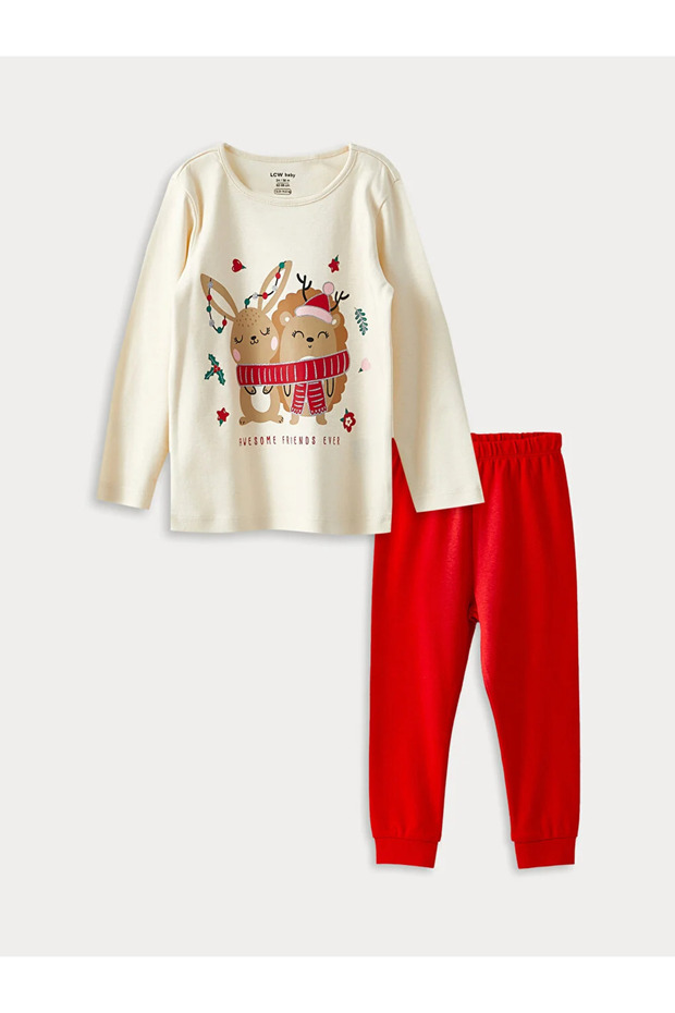 LCW baby Crew Neck Long Sleeve New Year Themed Baby Girl Pajama Set