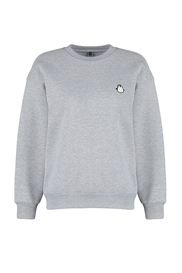 Gri Animal Nakışlı Regular/Normal Kalıp Kalın İçi Polarlı Örme Sweatshirt TWOAW24SW00196 - 7