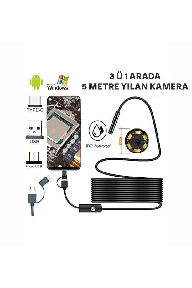 10 mt Çift Lens Ve Işıklı USB Girişli Çift Kameralı Endeskop Boroskop Sert Kablo Yılan Kamera - 3